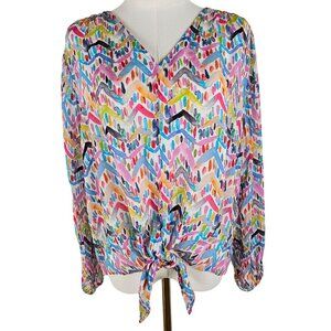 APNY Blouse Silk Blend Multicolor Artsy Print Long Sleeve Medium